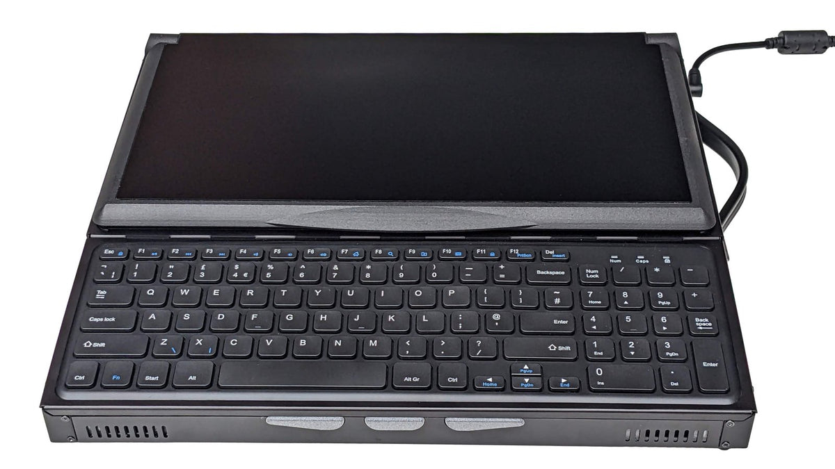 A black canute scientific keyboard dock or extension with a large rectangular screen, full-size keyboard, and visible power cable on a white background.