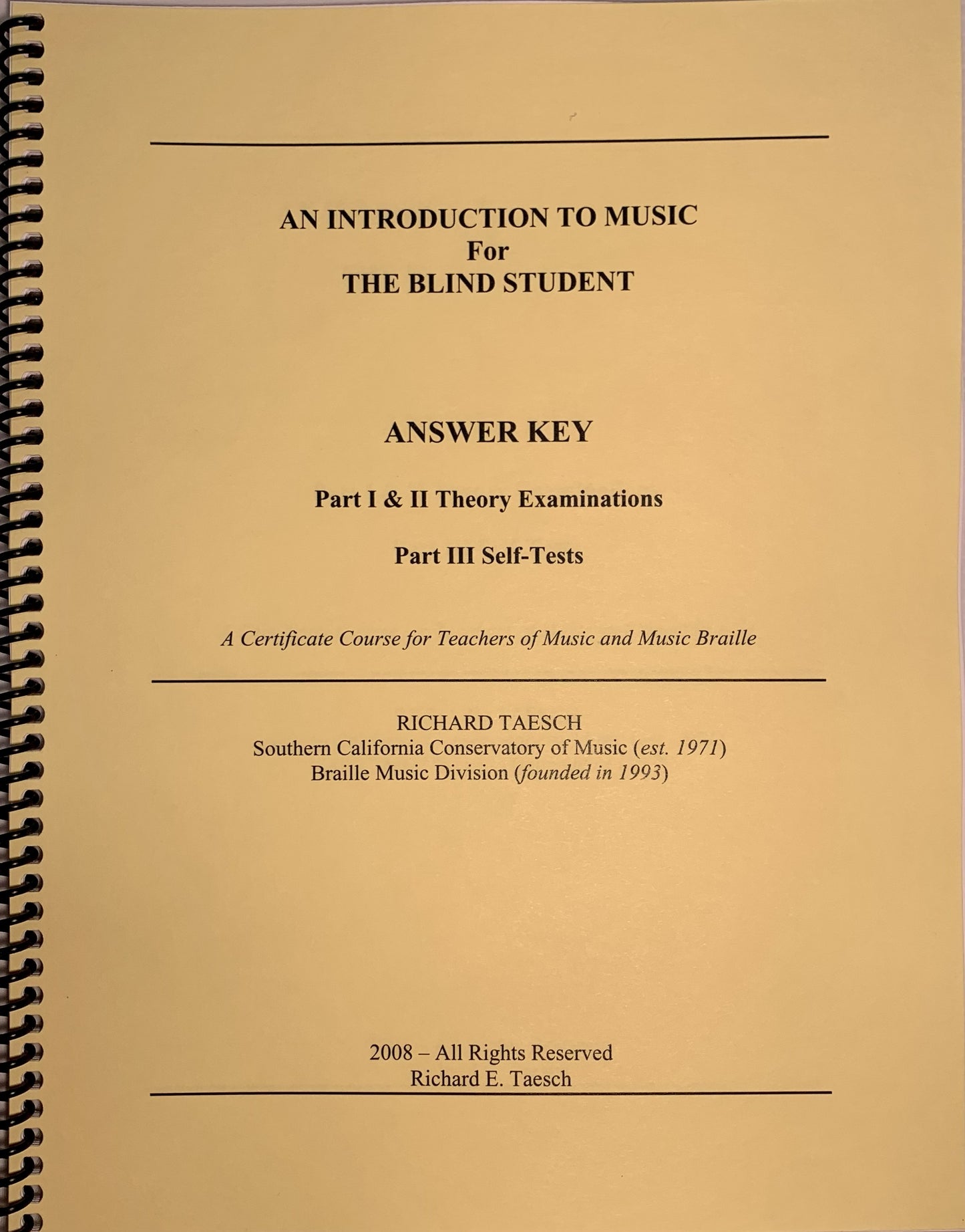 An Introduction to Music for the Blind Student, Answer Key