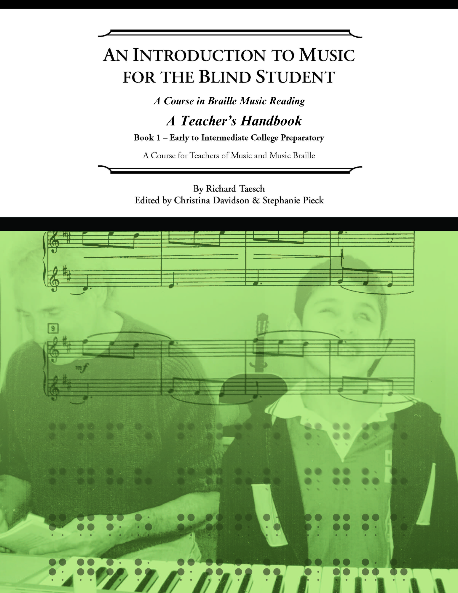 Image of book cover, showing a smiling blind student standing in front of a piano keyboard.