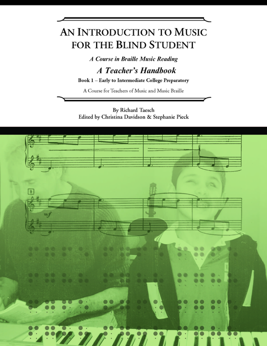 Image of book cover, showing a smiling blind student standing in front of a piano keyboard.