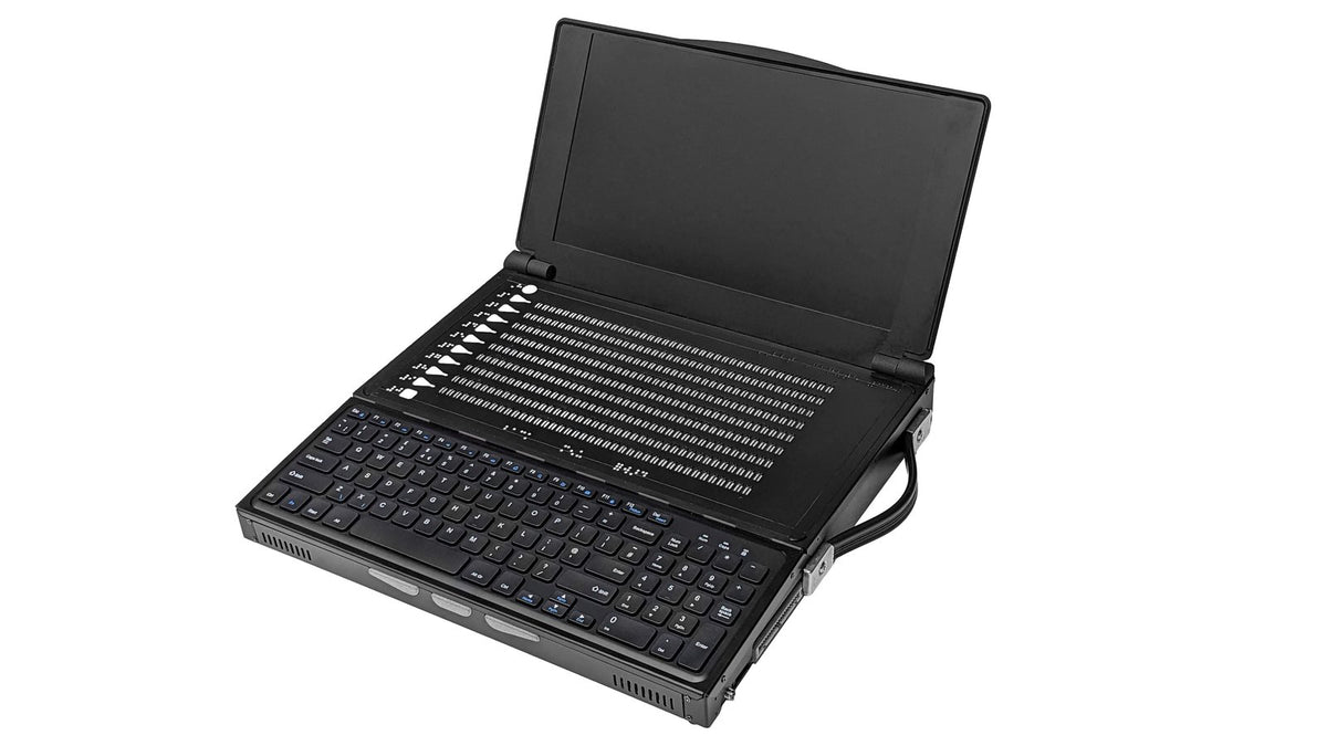 A black portable canute scientific device with an open screen, keyboard, and attached cable, shown on a plain white background.